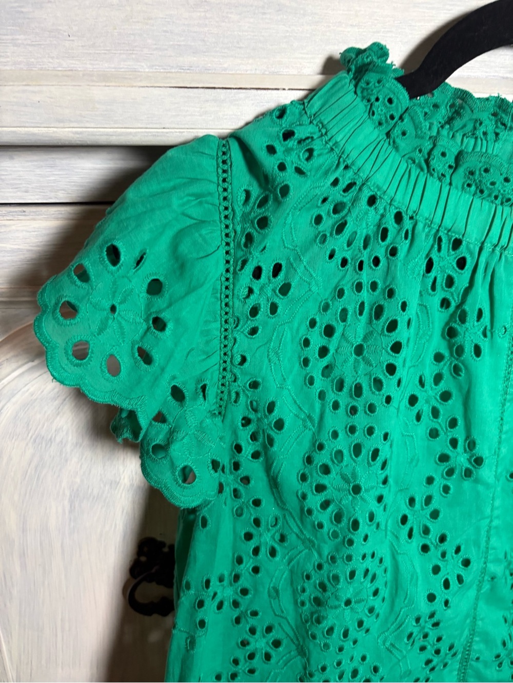Jennifer & Grace Kelly Green Eyelet Ruffle Top High Neck Romantic Polished Chic - Picture 4 of 8